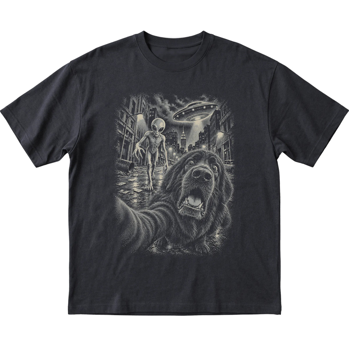Newfie Alien Selfie Gildan Softstyle T-Shirt in Black, flat view