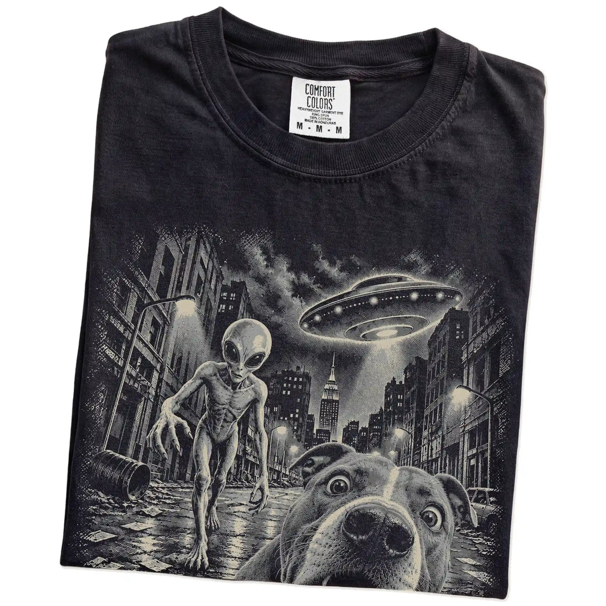 Pitbull Alien Selfie Comfort Colors T-Shirt in Black, folded view