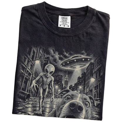 Pitbull Alien Selfie Comfort Colors T-Shirt in Black, folded view