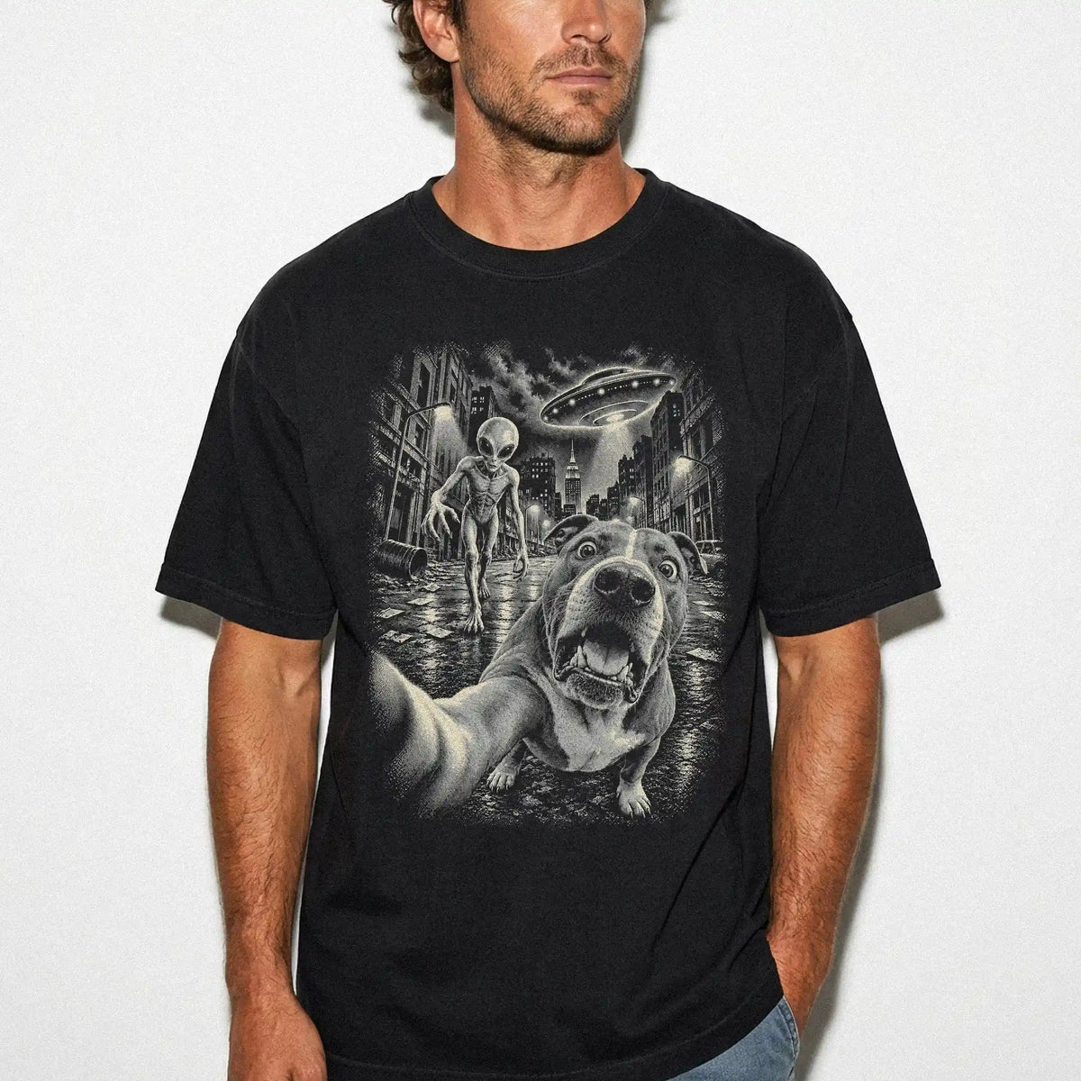 Pitbull Alien Selfie Comfort Colors T-Shirt in Black, modeled view