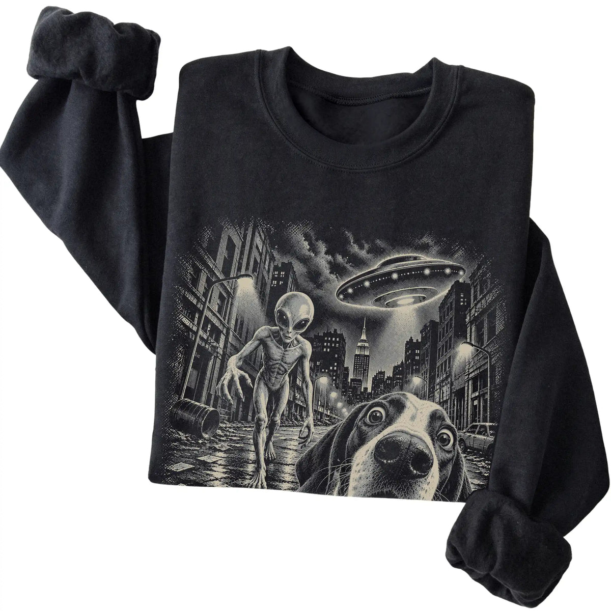 Pointer Alien Selfie Gildan Crewneck Sweatshirt in Black, folded view