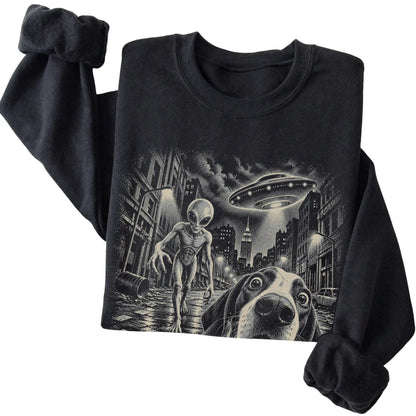Pointer Alien Selfie Gildan Crewneck Sweatshirt in Black, folded view