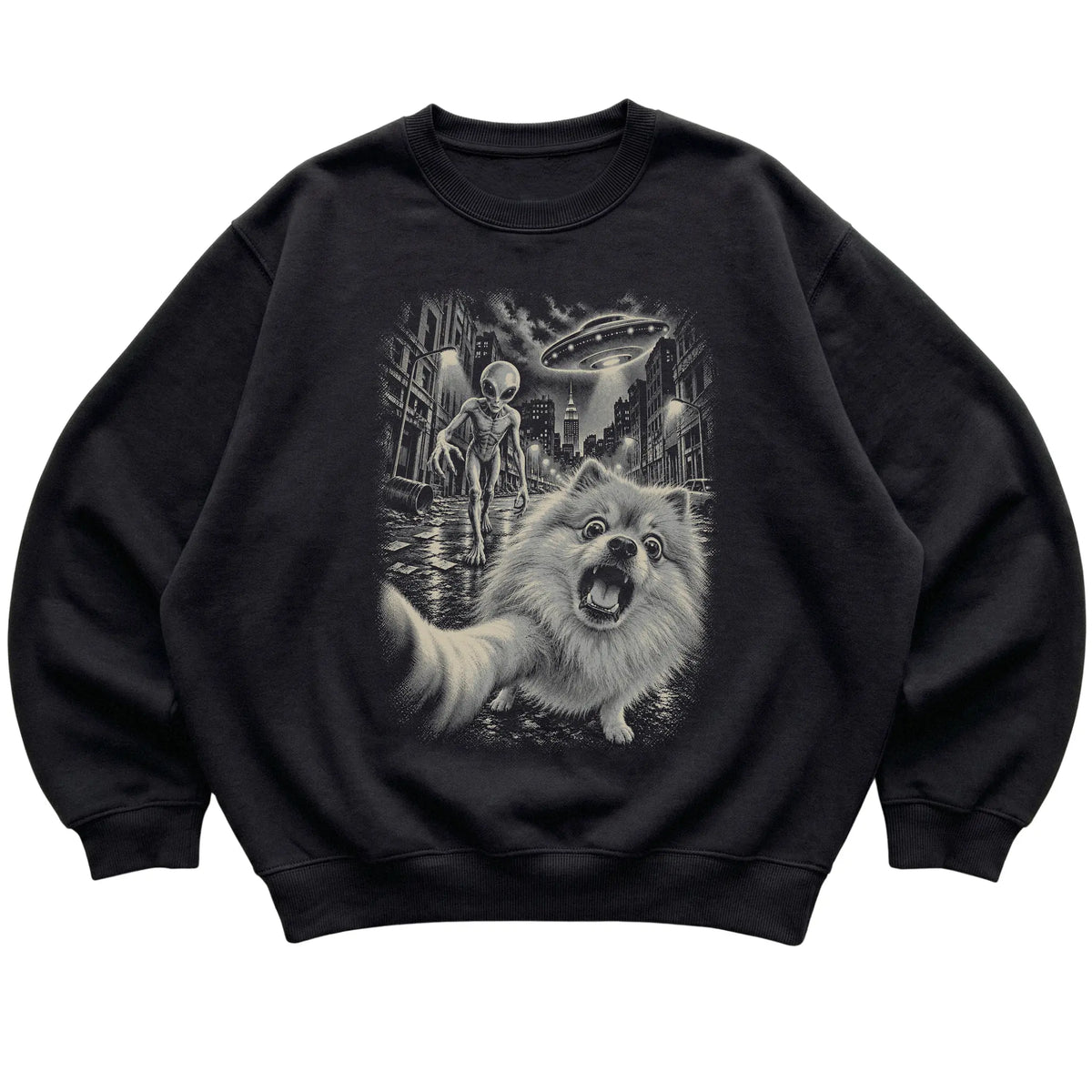 Pomeranian Alien Selfie Gildan Crewneck Sweatshirt in Black, flat view