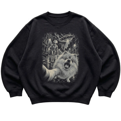 Pomeranian Alien Selfie Gildan Crewneck Sweatshirt in Black, flat view