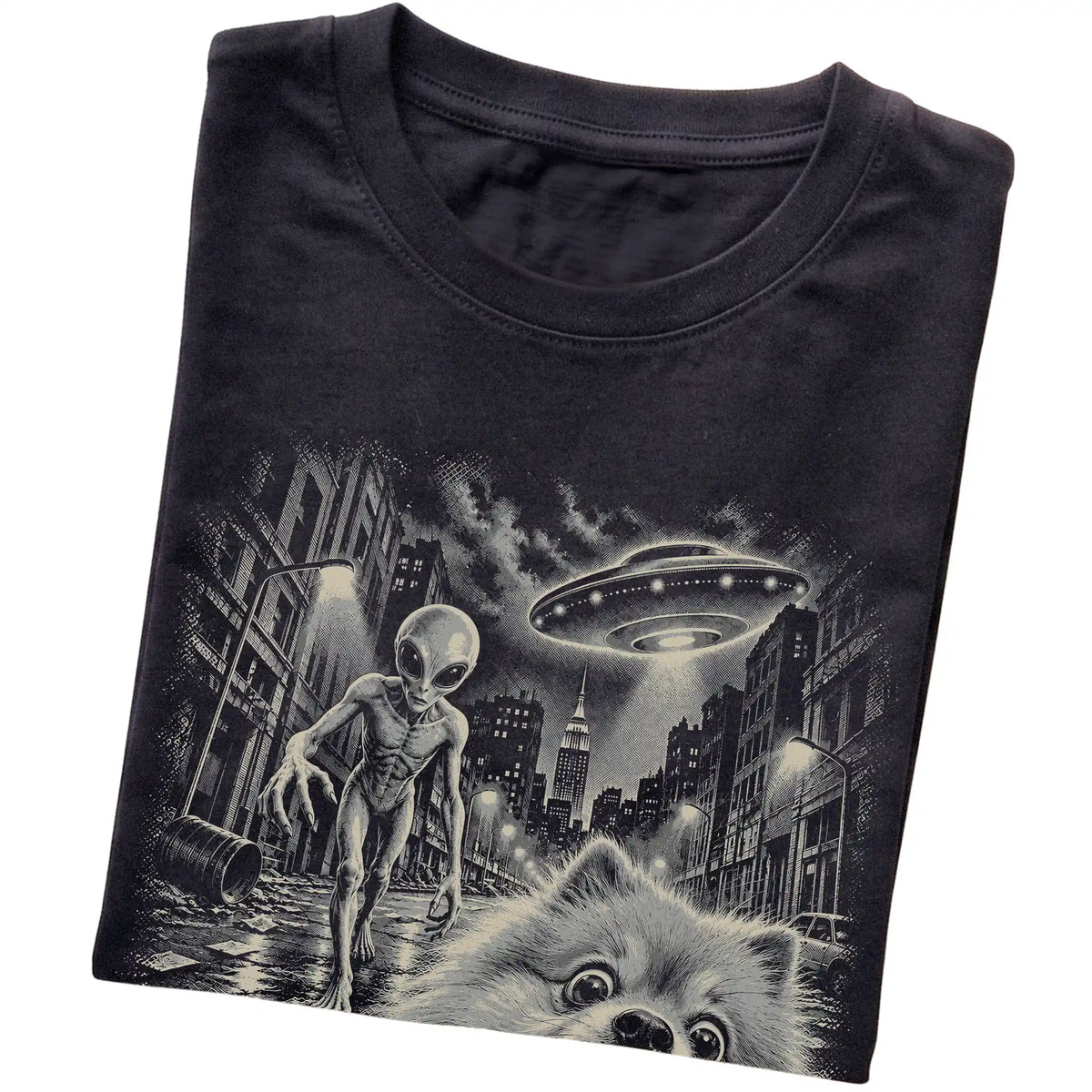 Pomeranian Alien Selfie Gildan Softstyle T-Shirt in Black, folded view