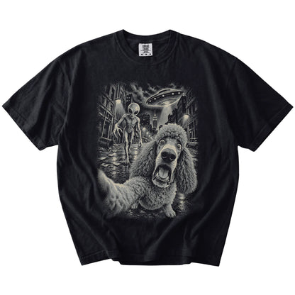 Poodle Alien Selfie Comfort Colors T-Shirt in Black, flat view