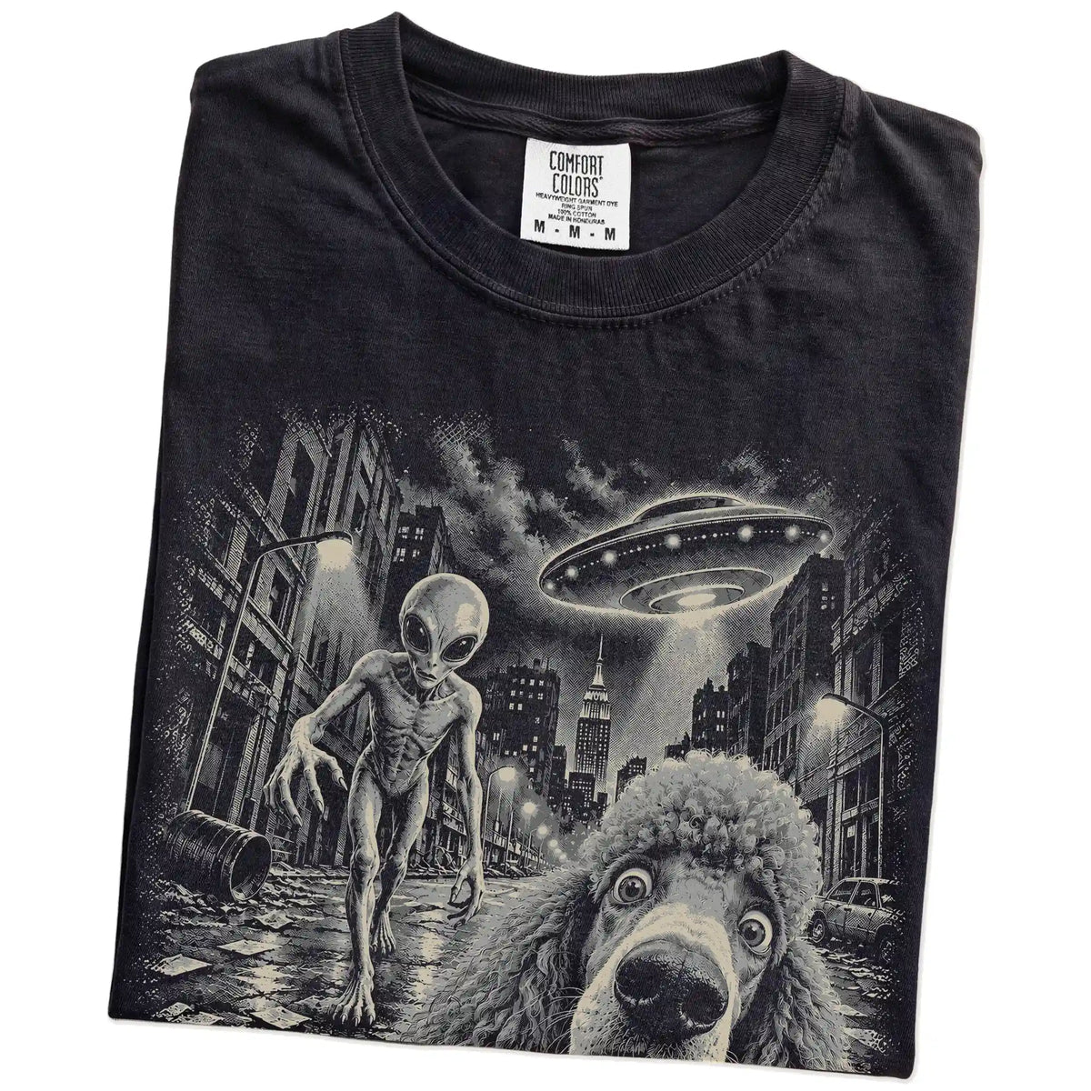 Poodle Alien Selfie Comfort Colors T-Shirt in Black, folded view