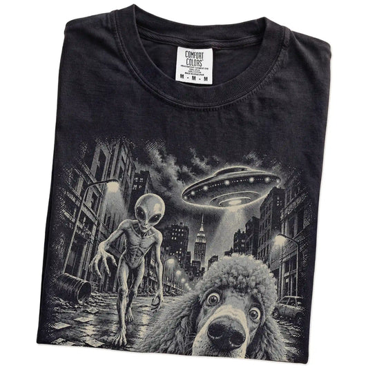 Poodle Alien Selfie Comfort Colors T-Shirt in Black, folded view
