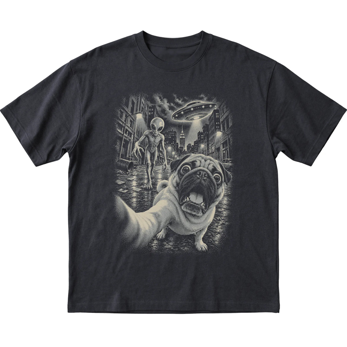 Pug Alien Selfie Gildan Softstyle T-Shirt in Black, flat view