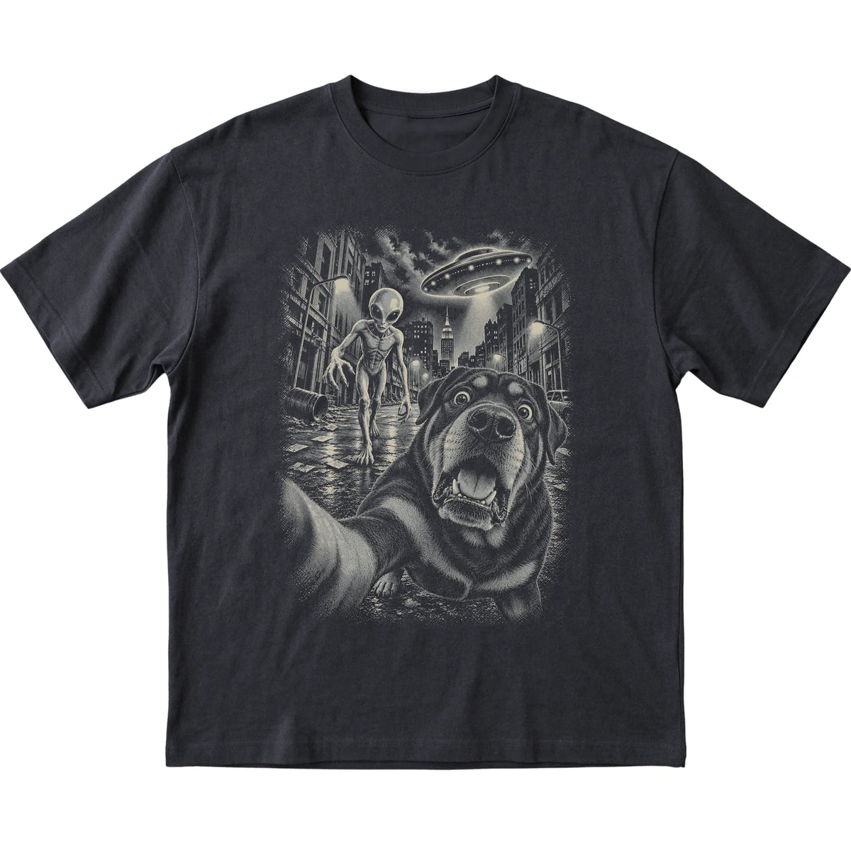 Rottweiler Alien Selfie Gildan Softstyle T-Shirt in Black, flat view