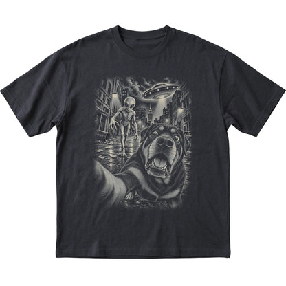 Rottweiler Alien Selfie Gildan Softstyle T-Shirt in Black, flat view