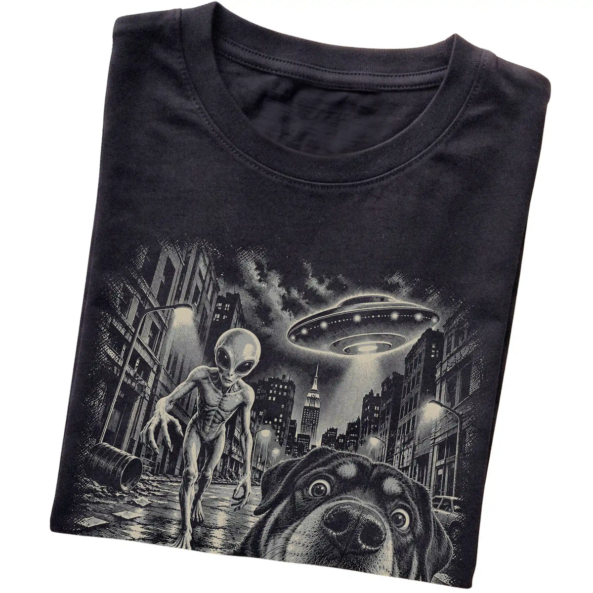 Rottweiler Alien Selfie Gildan Softstyle T-Shirt in Black, folded view
