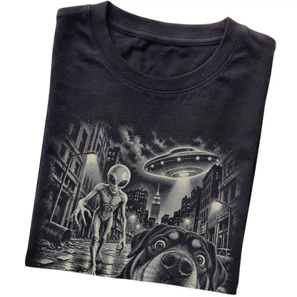 Rottweiler Alien Selfie Gildan Softstyle T-Shirt in Black, folded view