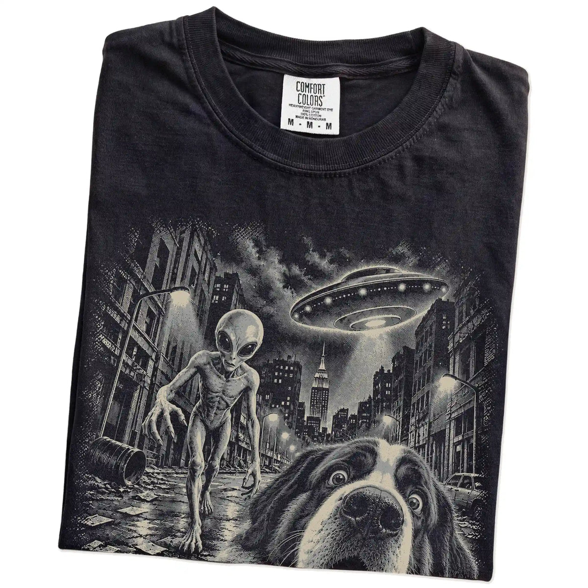Saint Bernard Alien Selfie Comfort Colors T-Shirt in Black, folded view