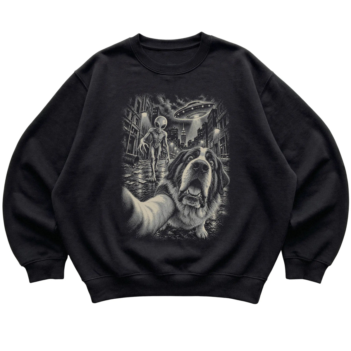 Saint Bernard Alien Selfie Gildan Crewneck Sweatshirt in Black, flat view