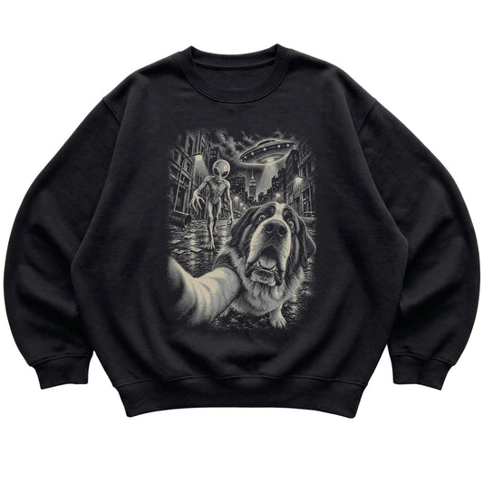 Saint Bernard Alien Selfie Gildan Crewneck Sweatshirt in Black, flat view