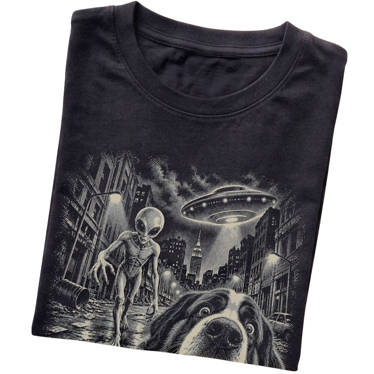 Saint Bernard Alien Selfie Gildan Softstyle T-Shirt in Black, folded view
