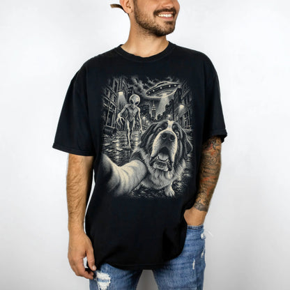 Saint Bernard Alien Selfie Comfort Colors T-Shirt in Black, modeled view