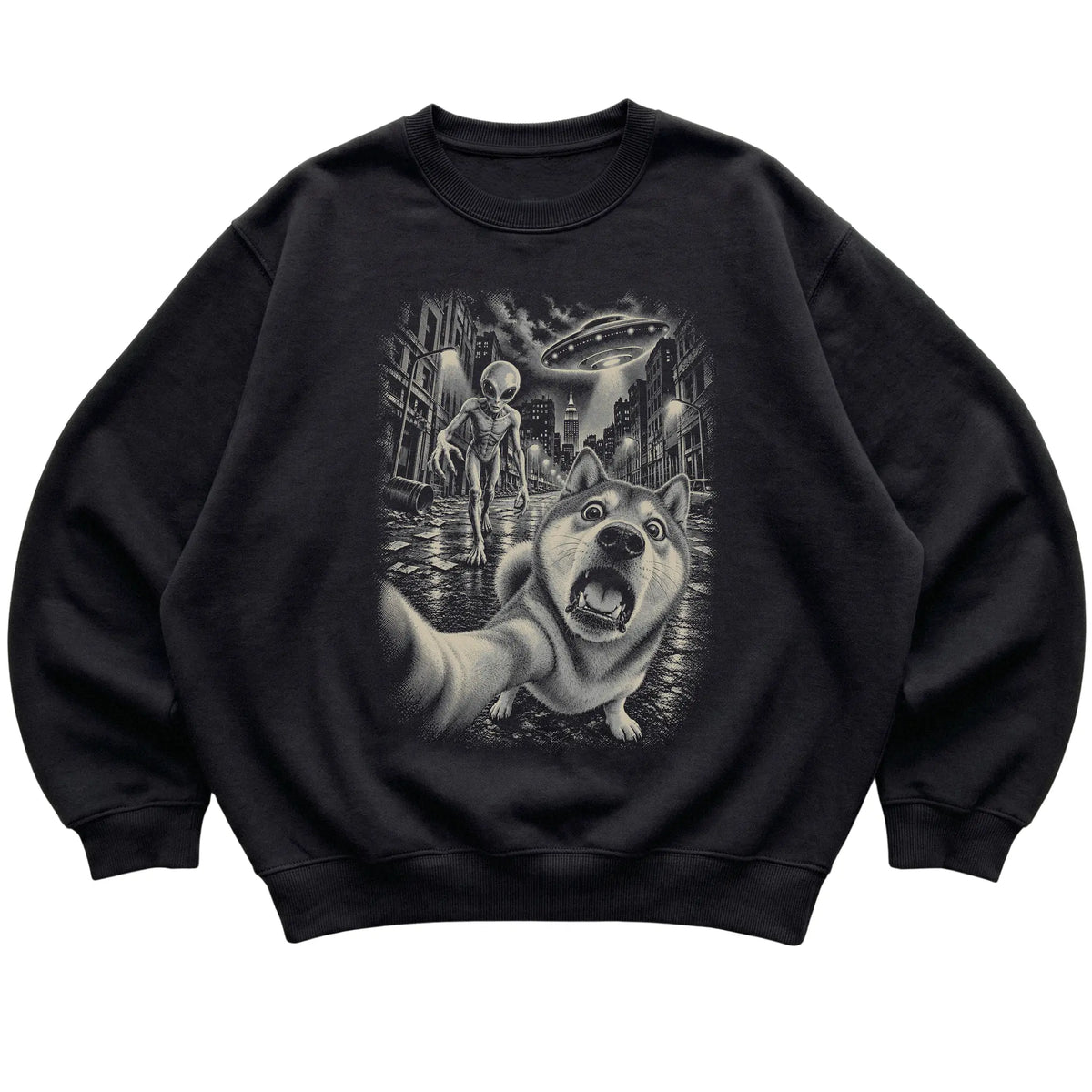 Shiba Inu Alien Selfie Gildan Crewneck Sweatshirt in Black, flat view