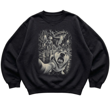Shiba Inu Alien Selfie Gildan Crewneck Sweatshirt in Black, flat view