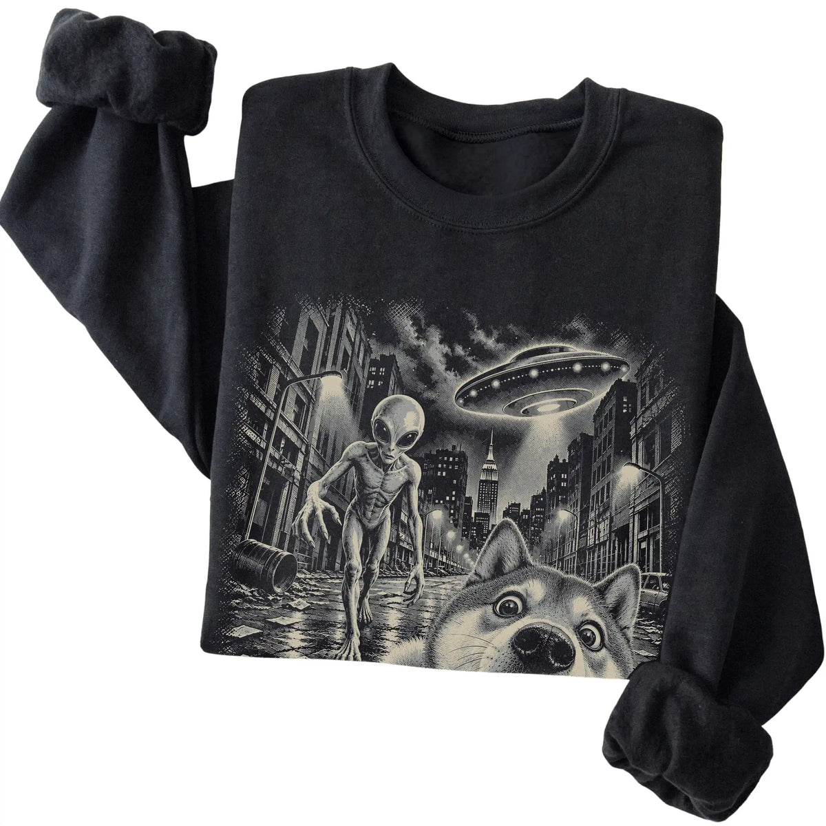 Shiba Inu Alien Selfie Gildan Crewneck Sweatshirt in Black, folded view