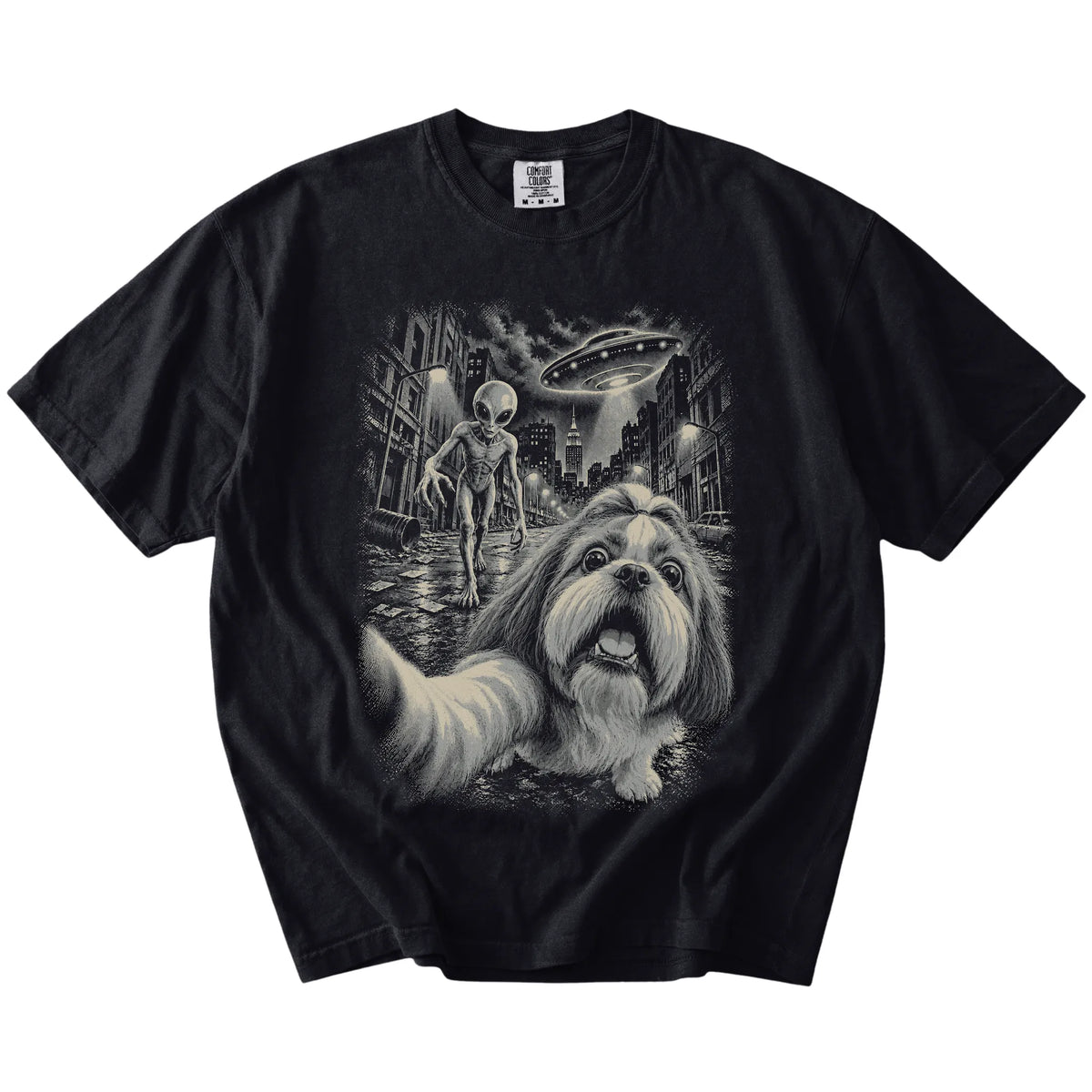 Shih Tzu Alien Selfie Comfort Colors T-Shirt in Black, flat view