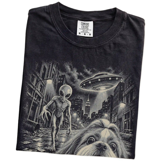 Shih Tzu Alien Selfie Comfort Colors T-Shirt in Black, folded view