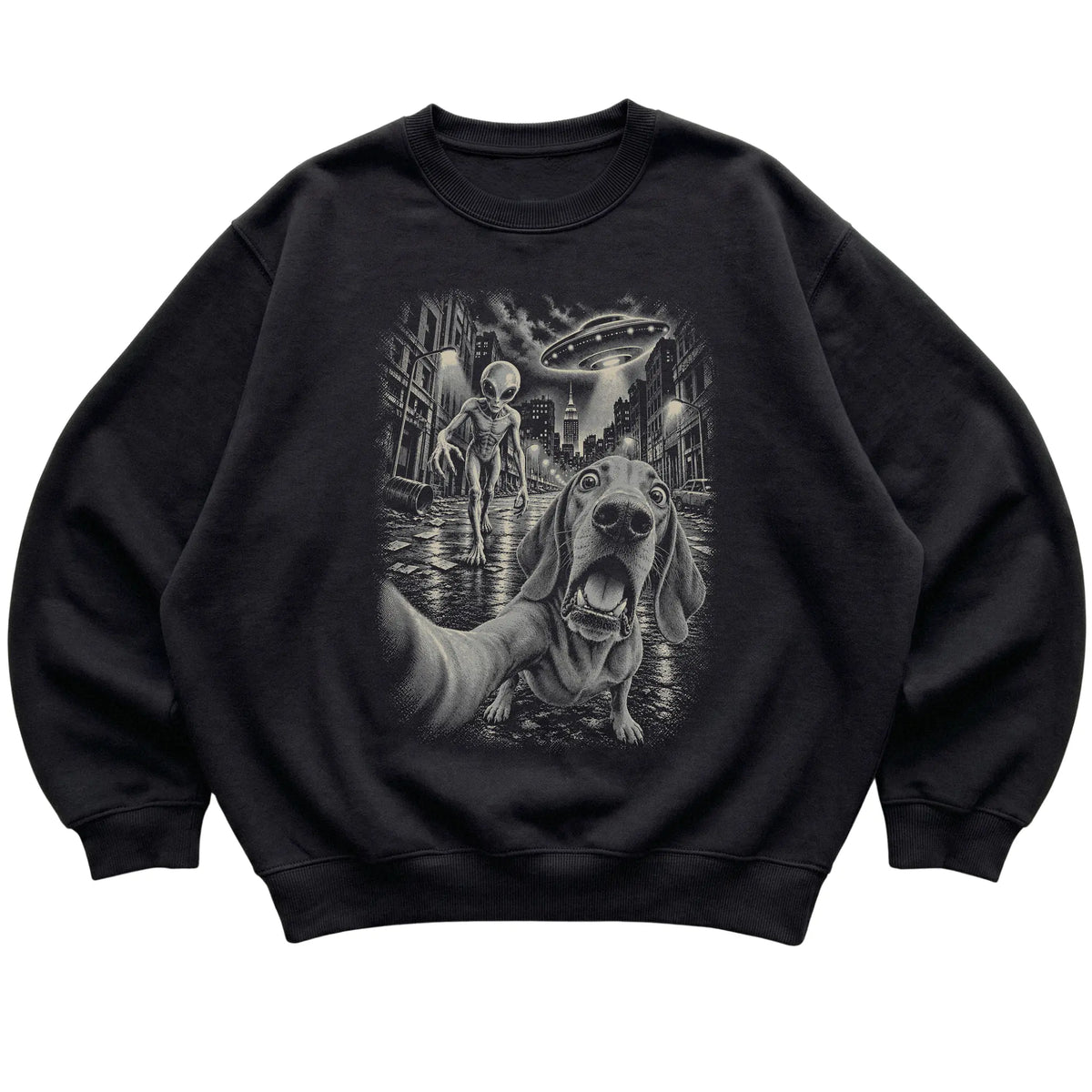 Vizsla Alien Selfie Gildan Crewneck Sweatshirt in Black, flat view