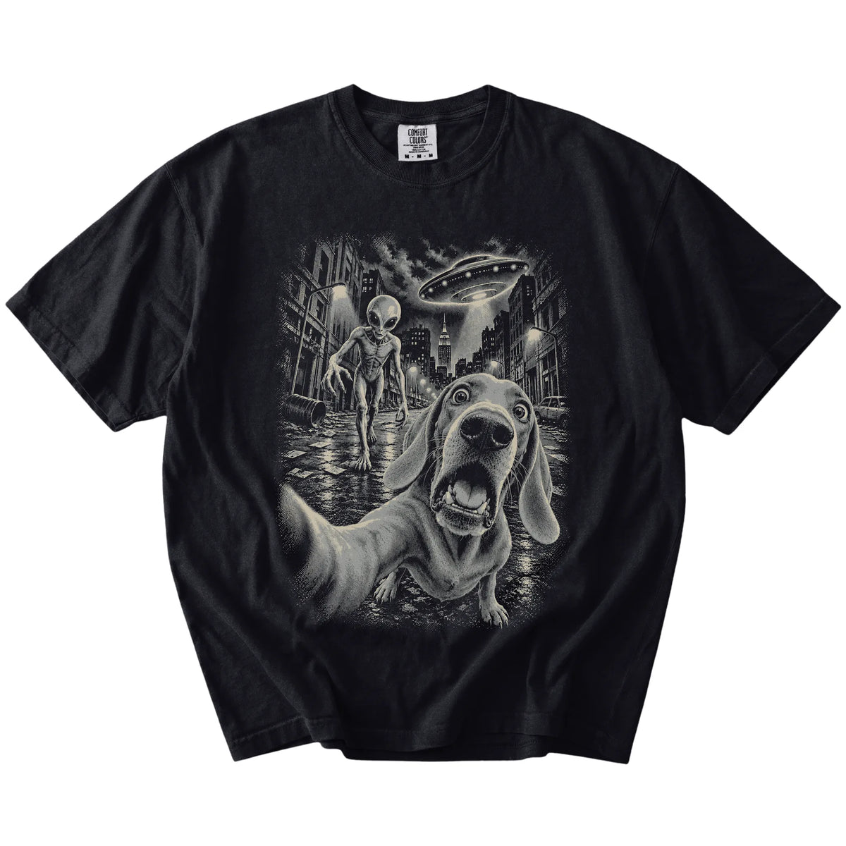 Weimaraner Alien Selfie Comfort Colors T-Shirt in Black, flat view