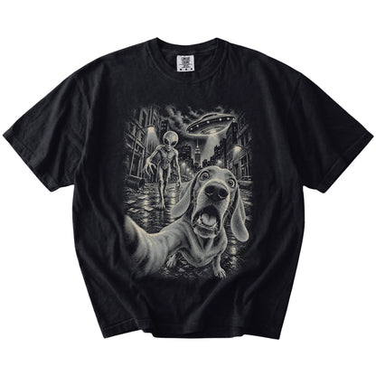 Weimaraner Alien Selfie Comfort Colors T-Shirt in Black, flat view