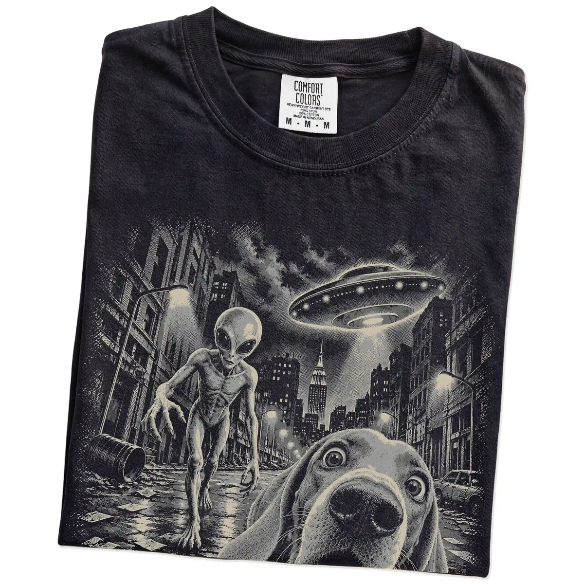 Weimaraner Alien Selfie Comfort Colors T-Shirt in Black, folded view