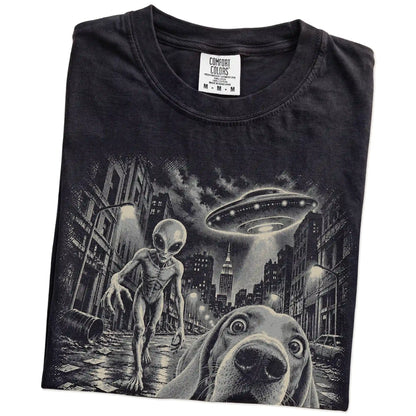 Weimaraner Alien Selfie Comfort Colors T-Shirt in Black, folded view