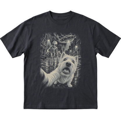 Westie Alien Selfie Gildan Softstyle T-Shirt in Black, flat view