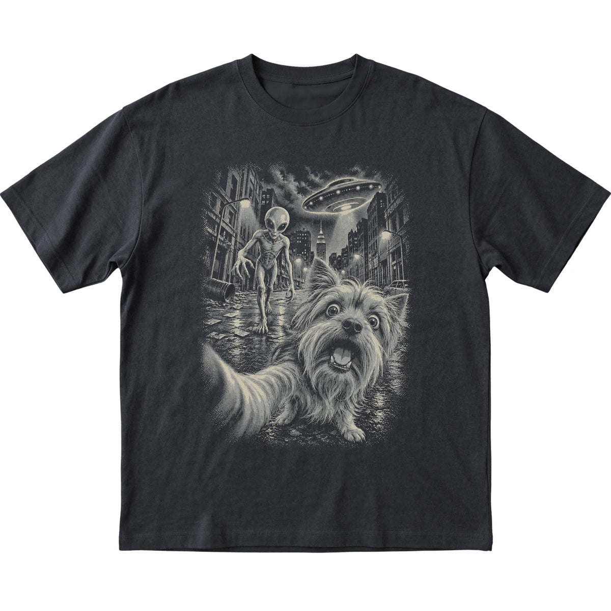 Yorkie Alien Selfie Gildan Softstyle T-Shirt in Black, flat view