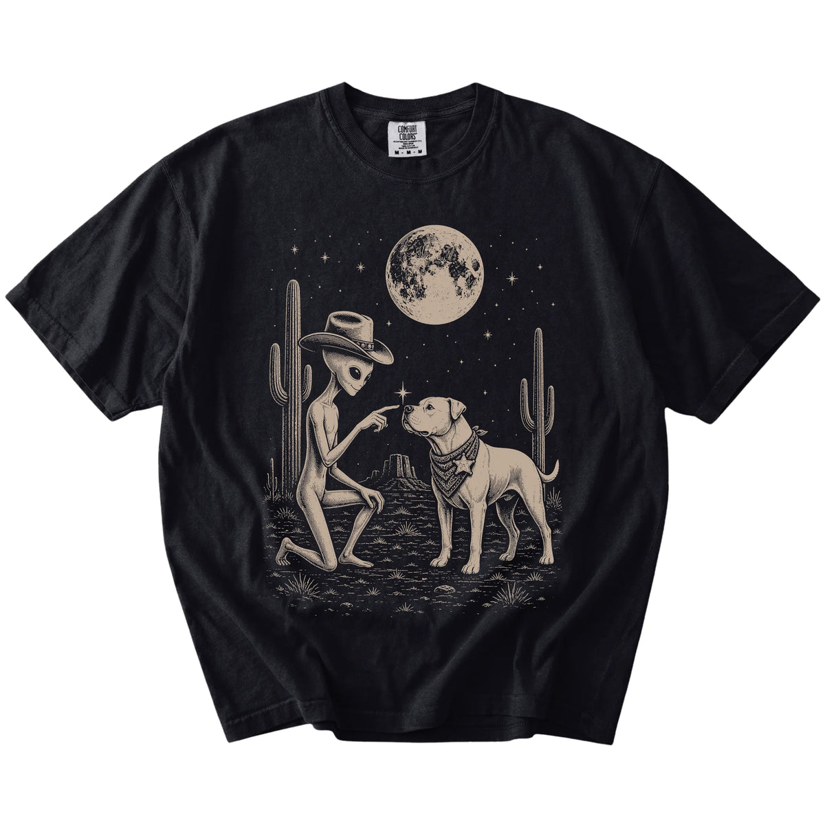 Cowboy alien fist-bumping a American Bulldog beneath the moon on a Black Comfort Colors® T-shirt