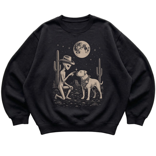 Black crewneck sweatshirt featuring American Bulldog Cowboy and Alien, laid-flat presentation