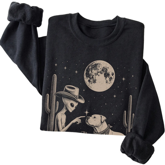 Black crewneck sweatshirt featuring American Bulldog Cowboy and Alien, folded presentation