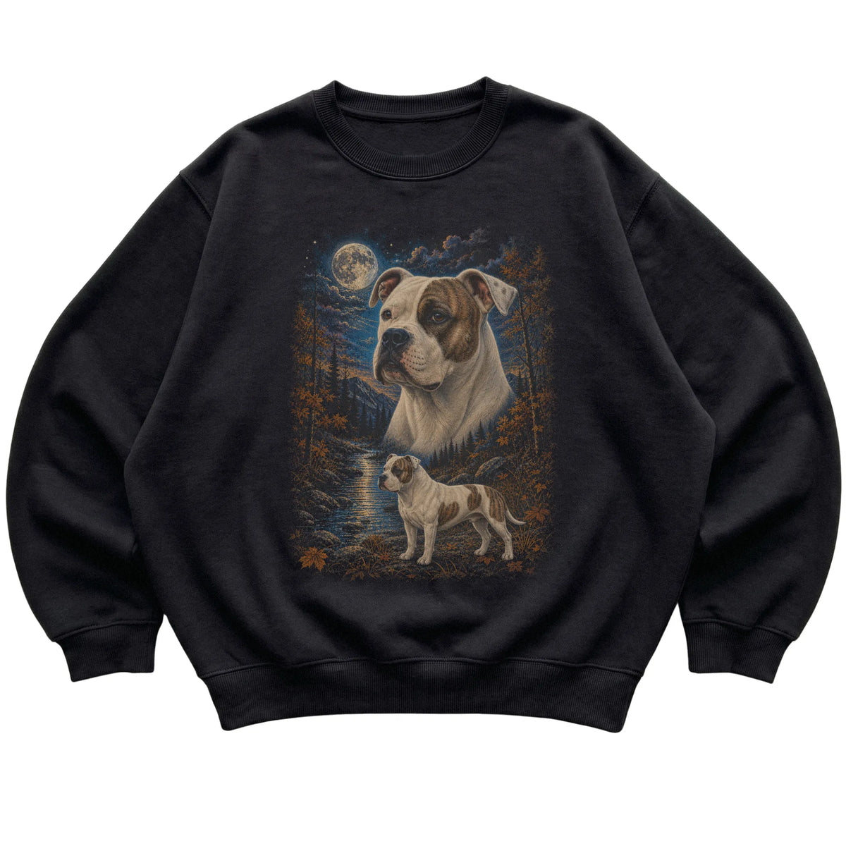 black sweatshirt with American Bulldog Autumn Moon artwork.