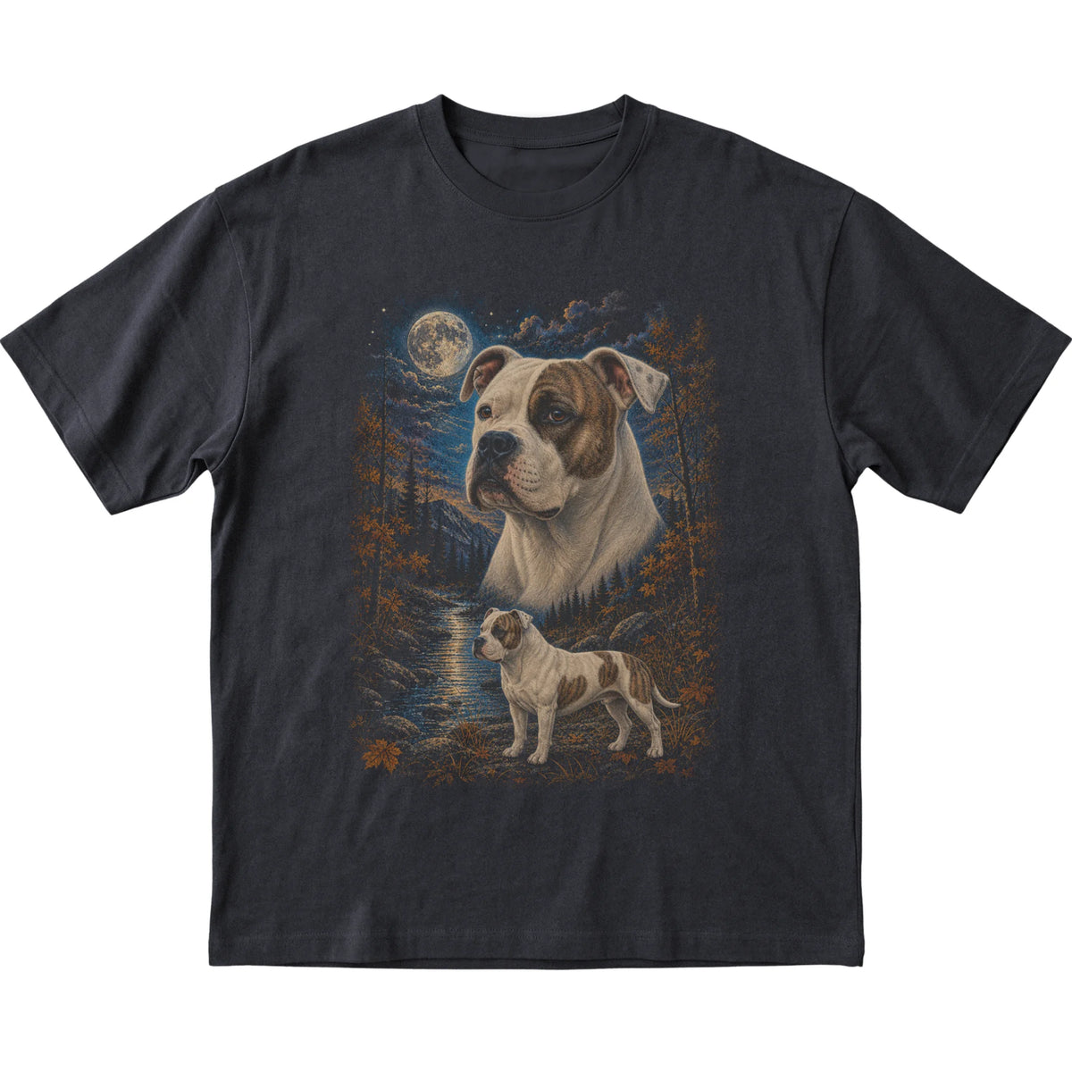 black T-shirt with American Bulldog Autumn Moon artwork.