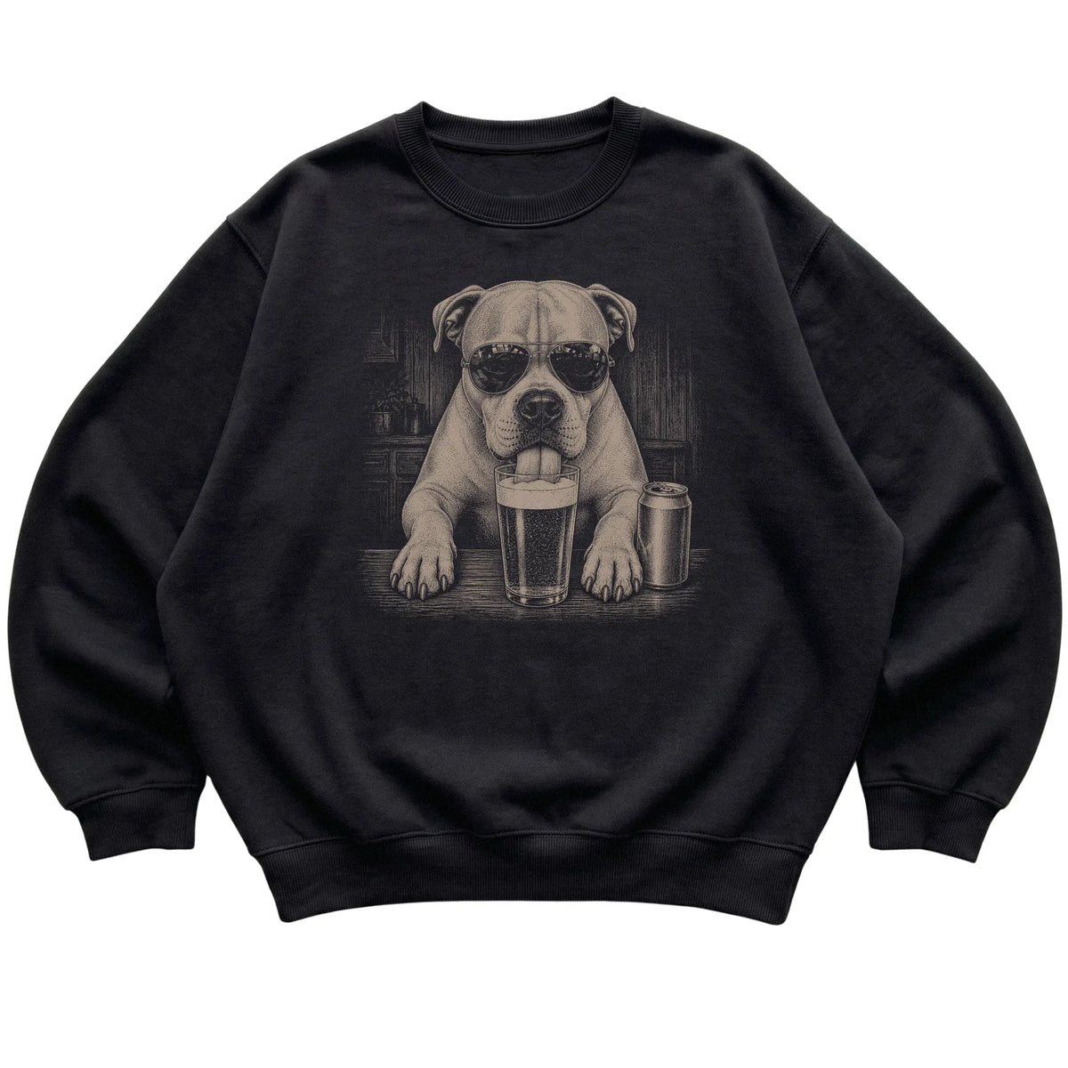 Black American Bulldog drinking from a pint at a bar, laid flat