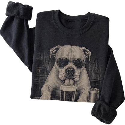 Black American Bulldog drinking from a pint at a bar, folded detail view