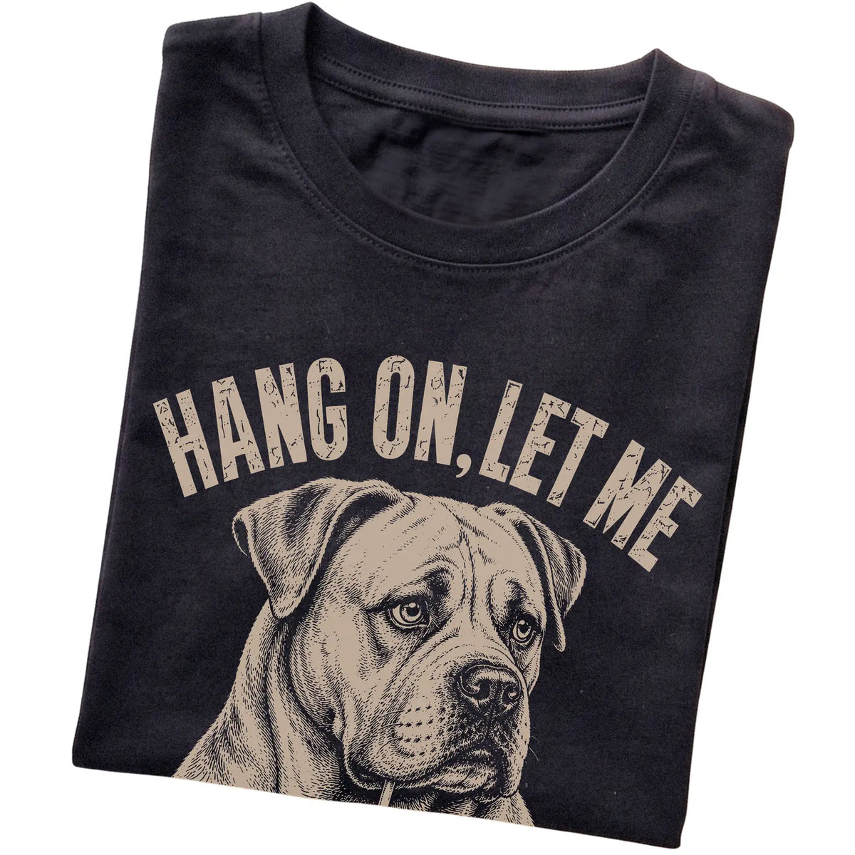Black T-shirt featuring Overthinking American Bulldog, folded presentation