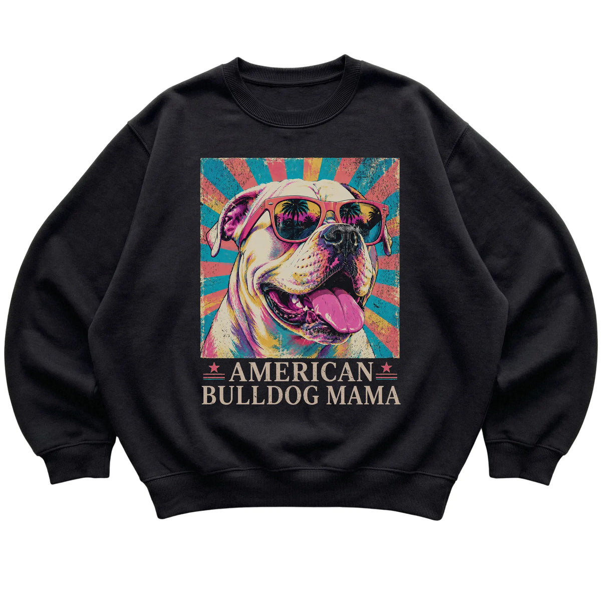 Retro American Bulldog Mama design on a Black crewneck sweatshirt