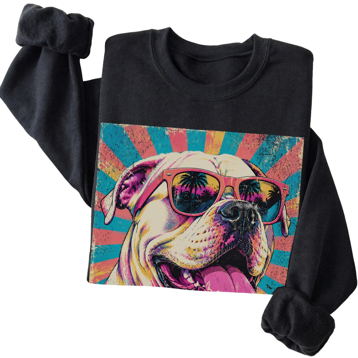 Folded Black crewneck sweatshirt with a Retro American Bulldog Mama design