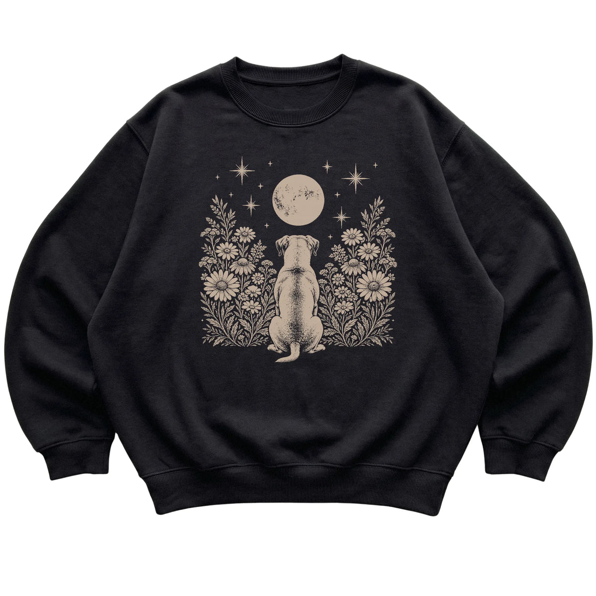 Black crewneck sweatshirt featuring Wildflower Moon American Bulldog, laid-flat presentation