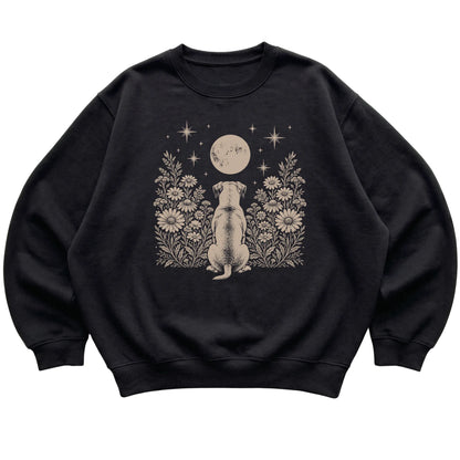 Black crewneck sweatshirt featuring Wildflower Moon American Bulldog, laid-flat presentation
