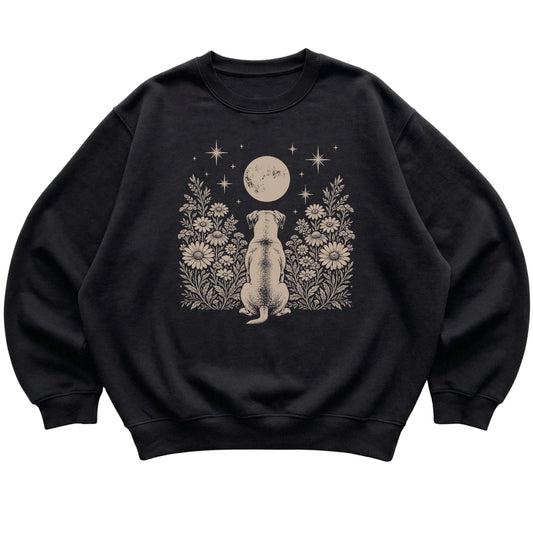 Black crewneck sweatshirt featuring Wildflower Moon American Bulldog, laid-flat presentation
