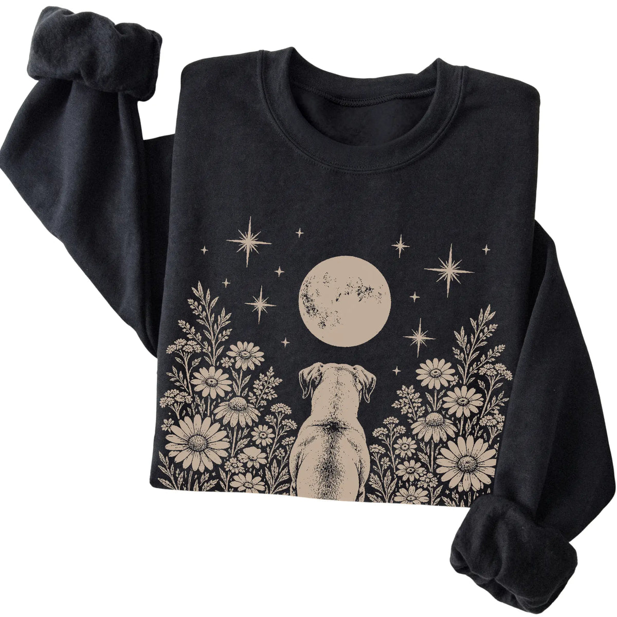 Black crewneck sweatshirt featuring Wildflower Moon American Bulldog, folded presentation