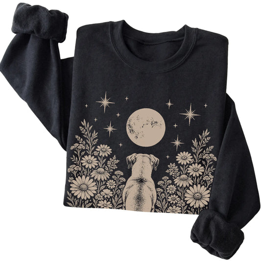 Black crewneck sweatshirt featuring Wildflower Moon American Bulldog, folded presentation