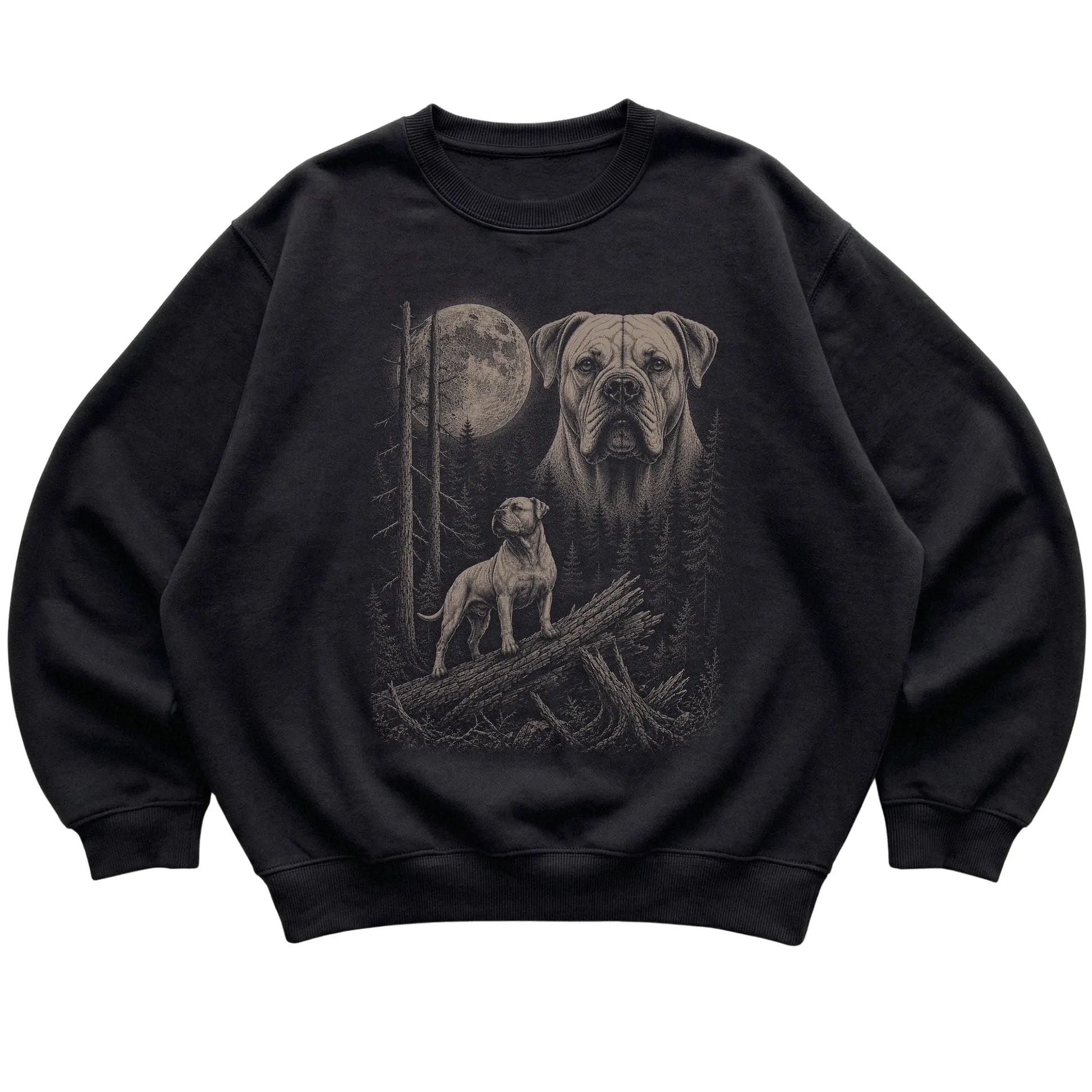 American Bulldog Moonlit Forest graphic on a black crewneck sweatshirt laid flat